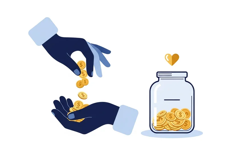 Dons et contributions — mains échangeant des pièces avec un cœur
