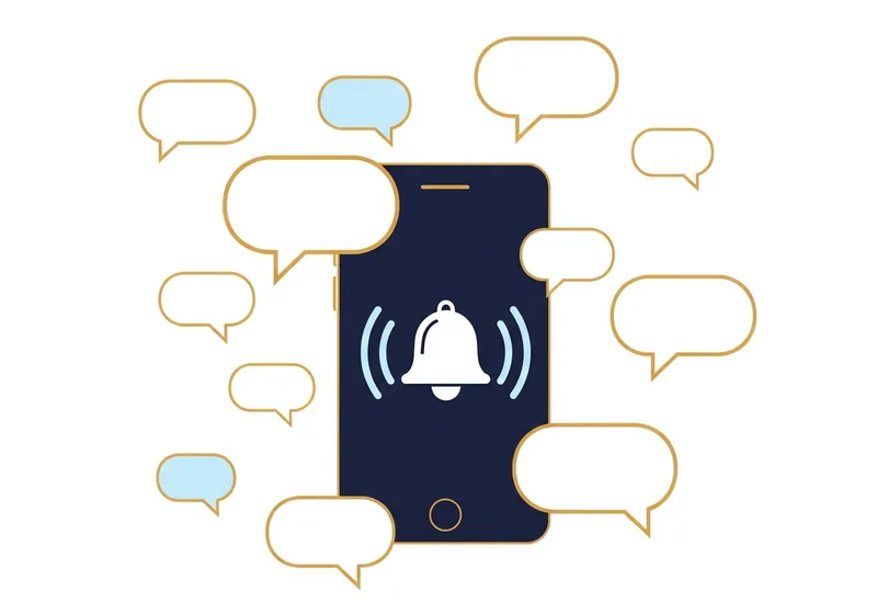 Notifications en temps réel — smartphone avec cloche et alertes